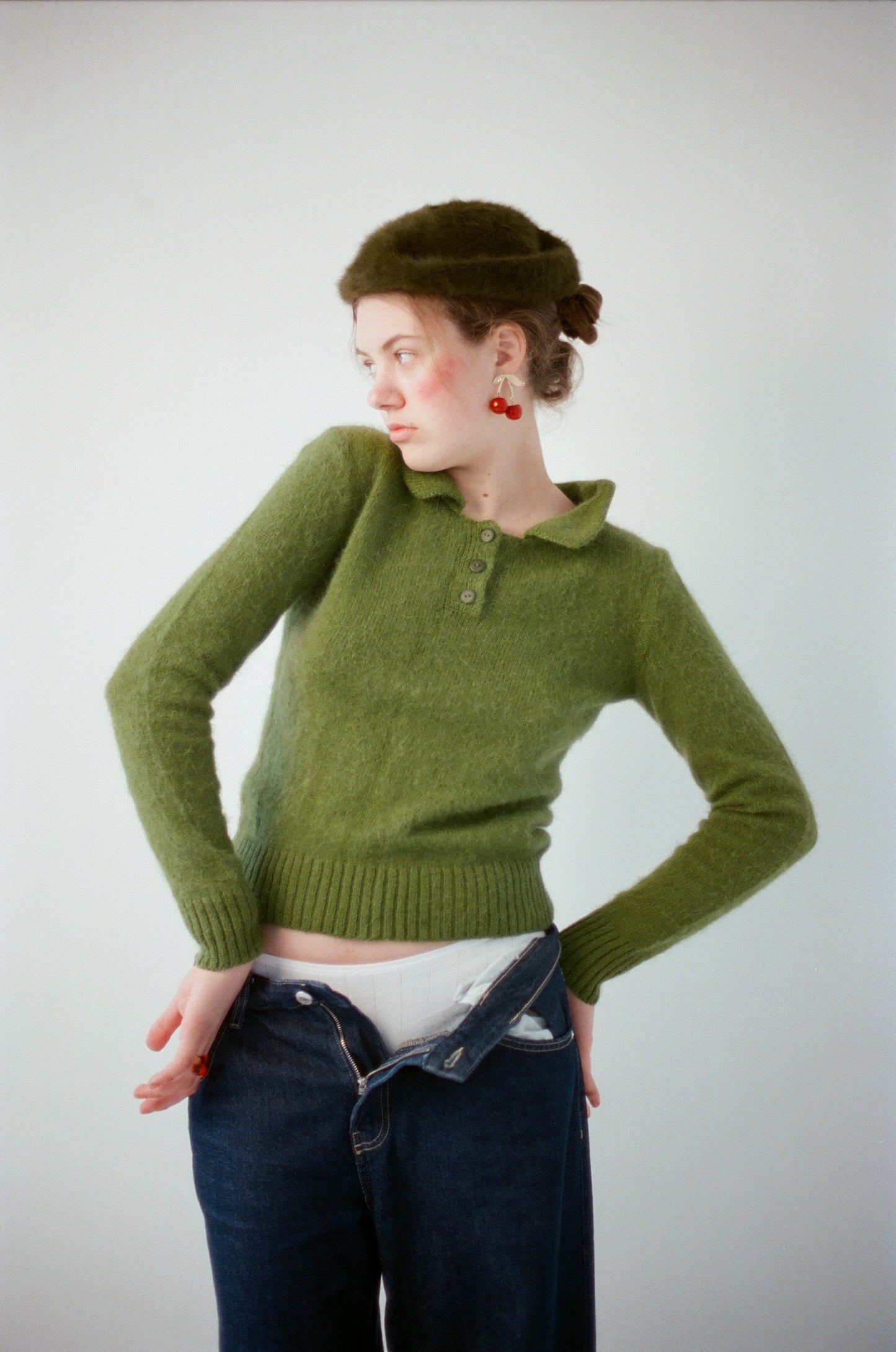 Moss Green Polo Neck Fluffy Sweater