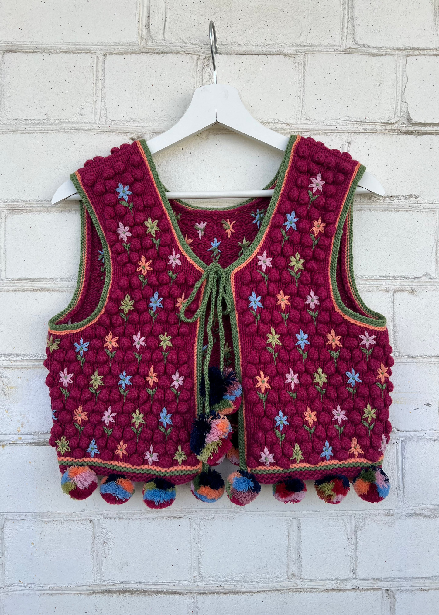 Raspberry Red Ethnic Vest With Embroidery and Pompoms