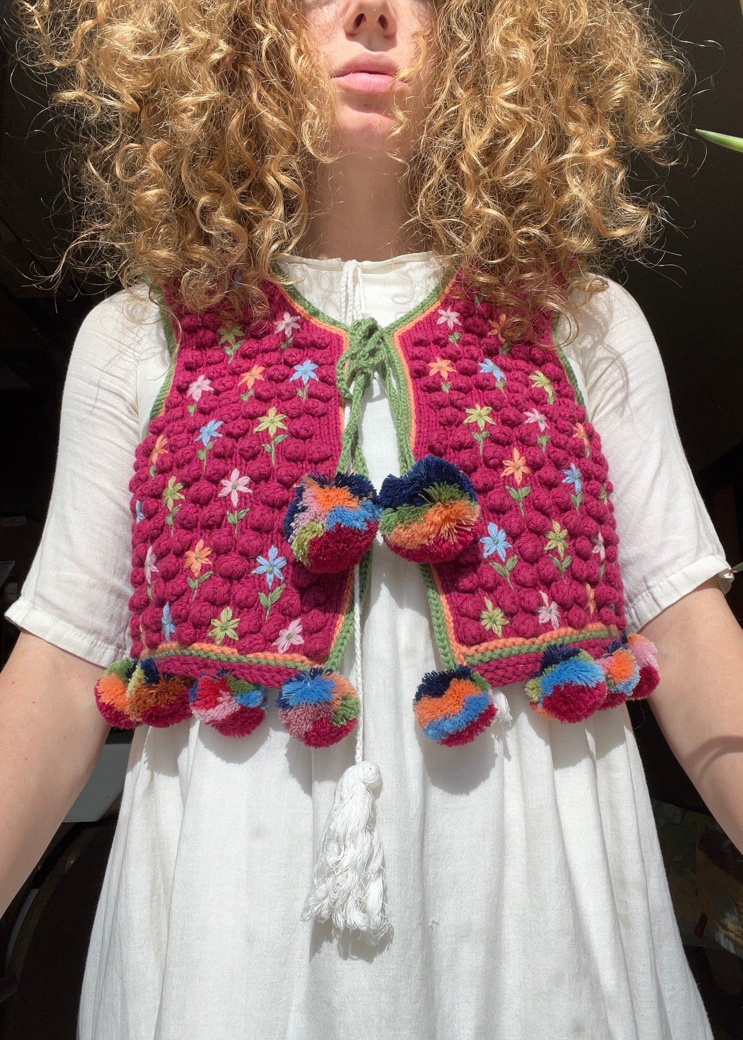 Raspberry Red Ethnic Vest With Embroidery and Pompoms