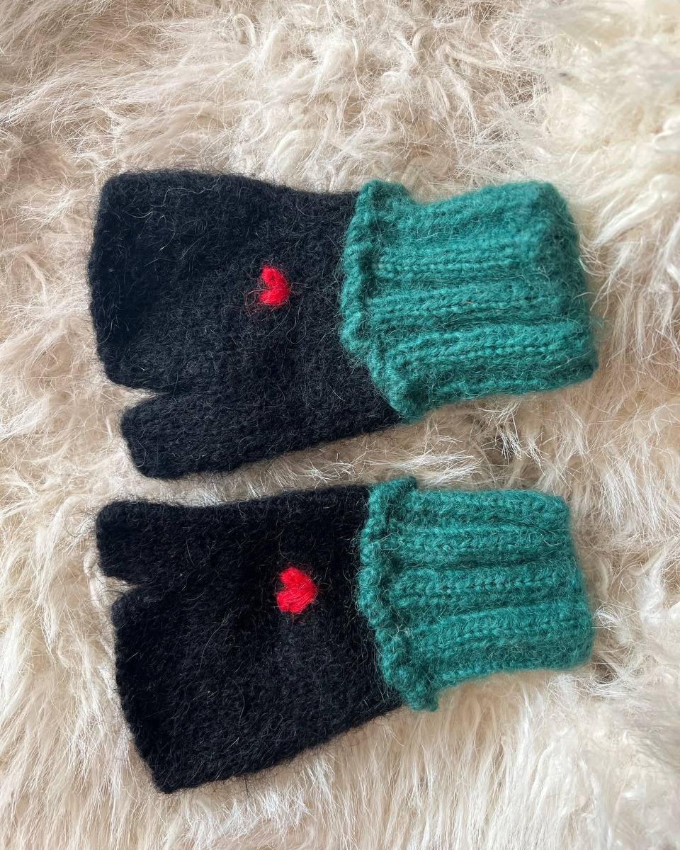 Black&Green Wool Mittens Without Fingers With Hearts For Girls