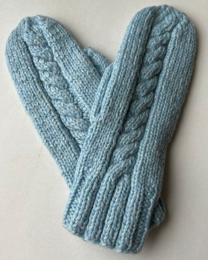 Blue Mittens With a Cable Knit Pattern
