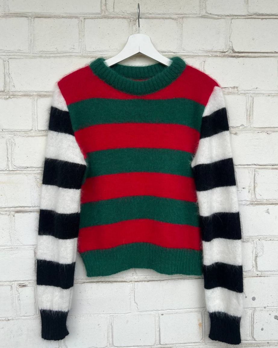 Red Green Fluffy Sweater With Black&White Sleeves