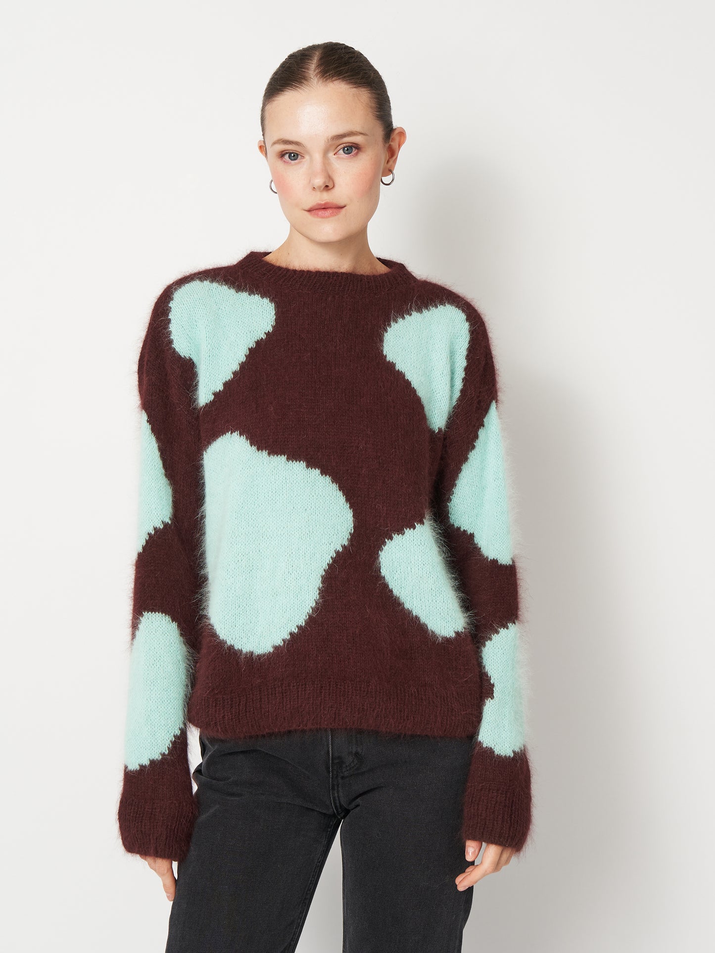 Animal Print Fluffy Cow Sweater in Brown & Blue