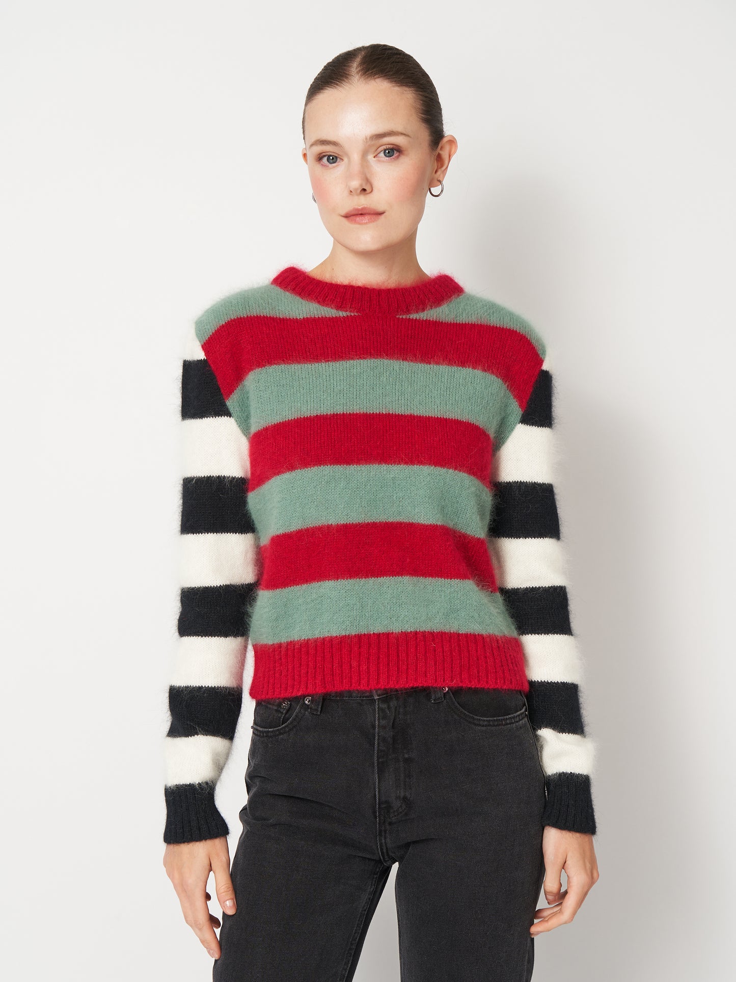 Turquoise Red Fluffy Sweater With Black&White Sleeves