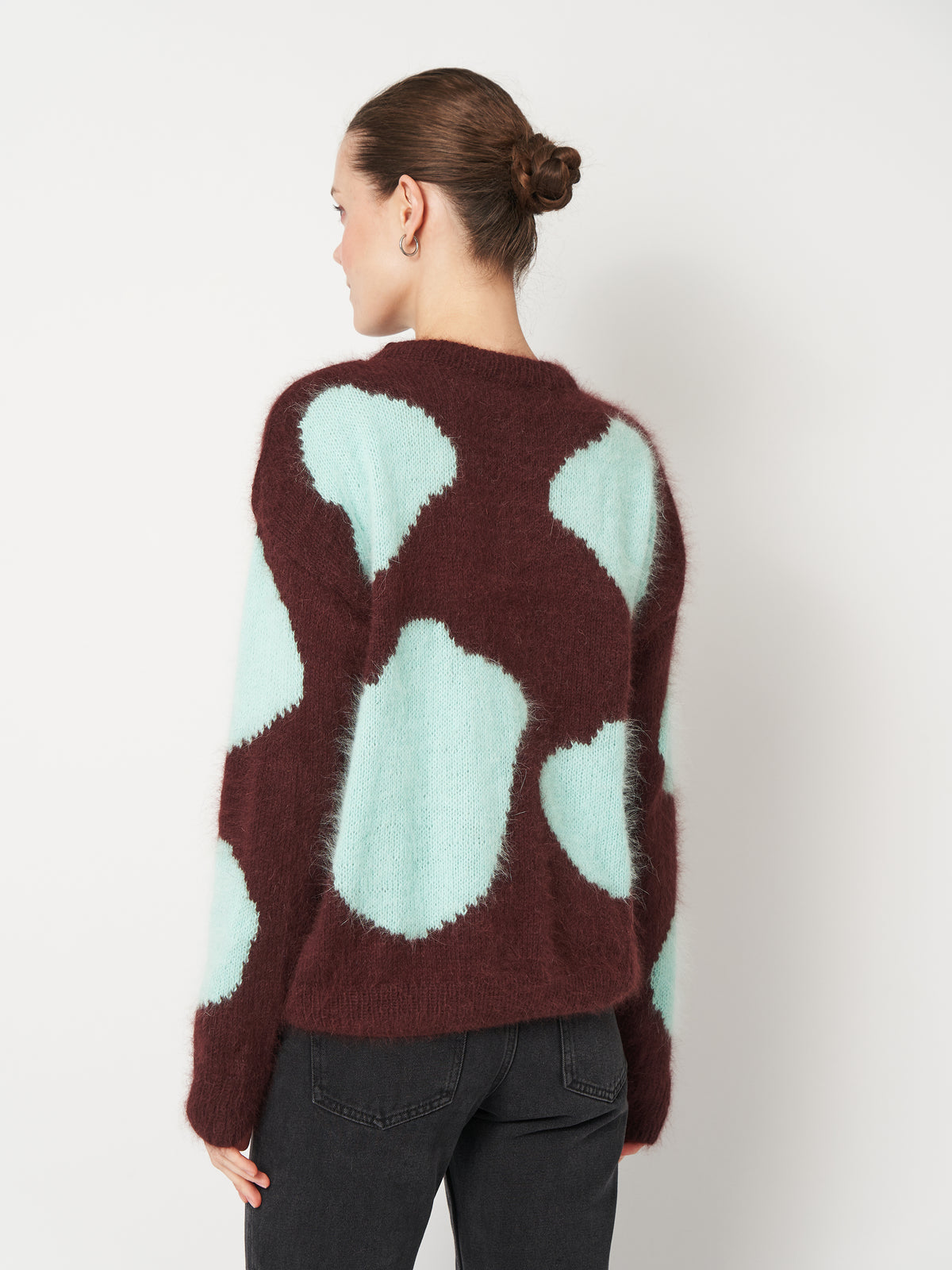 Animal Print Fluffy Cow Sweater in Brown & Blue