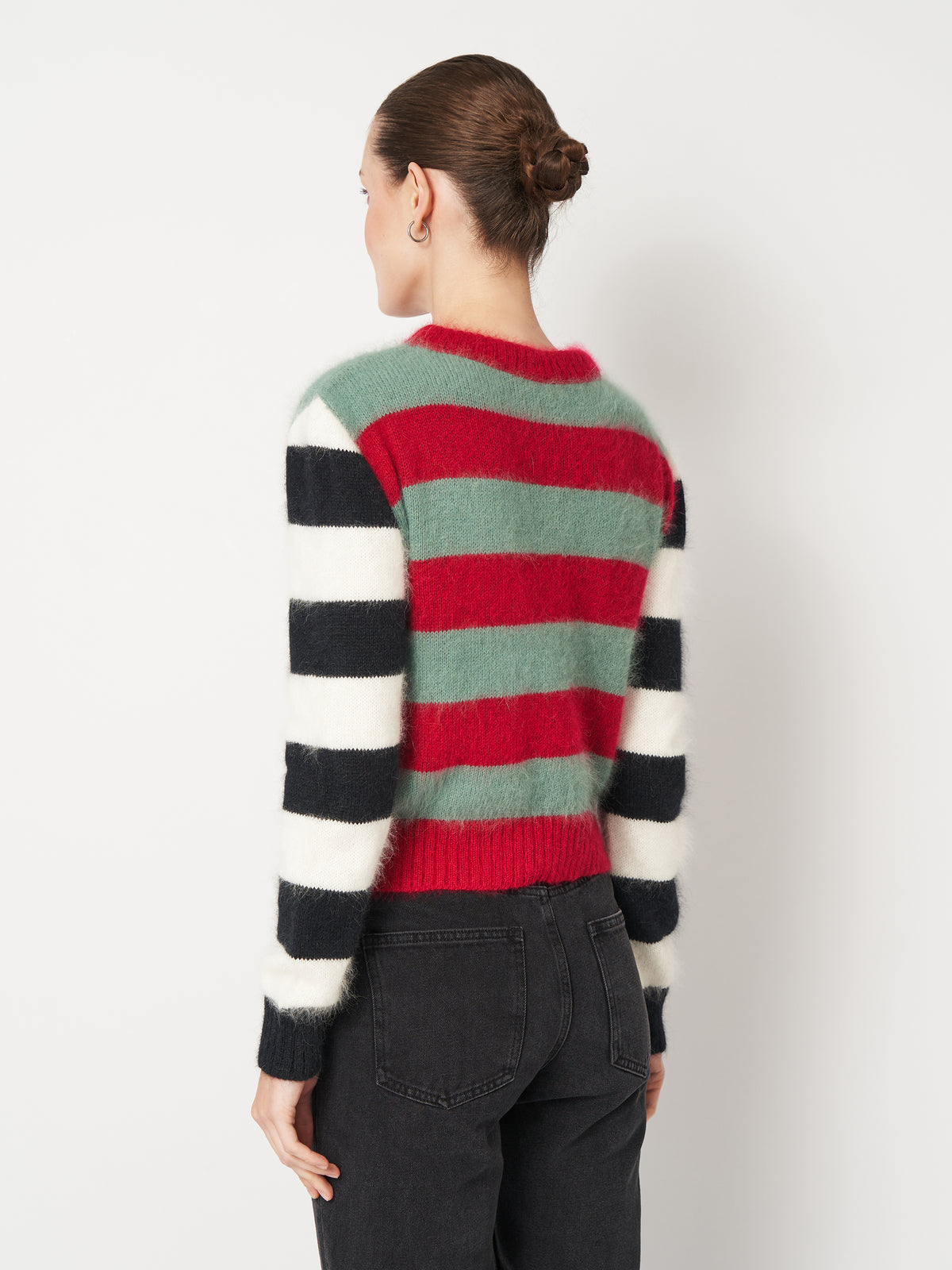 Turquoise Red Fluffy Sweater With Black&White Sleeves