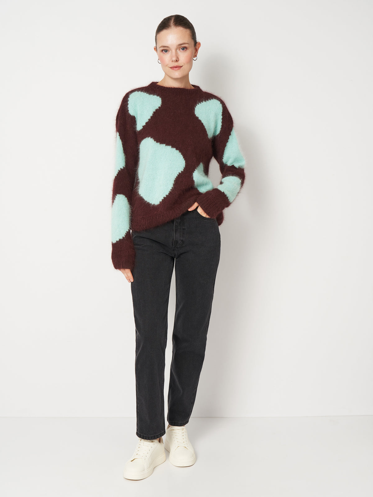 Animal Print Fluffy Cow Sweater in Brown & Blue