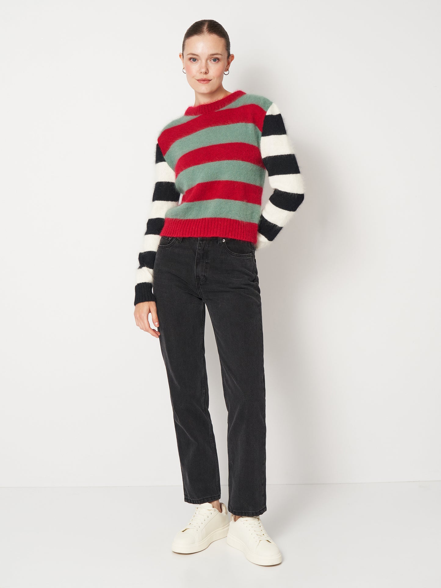 Turquoise Red Fluffy Sweater With Black&White Sleeves