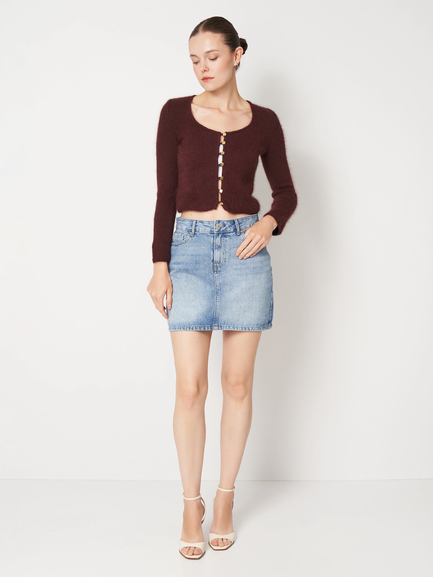Brown Fluffy Cropped Cardigan With Long Sleeves