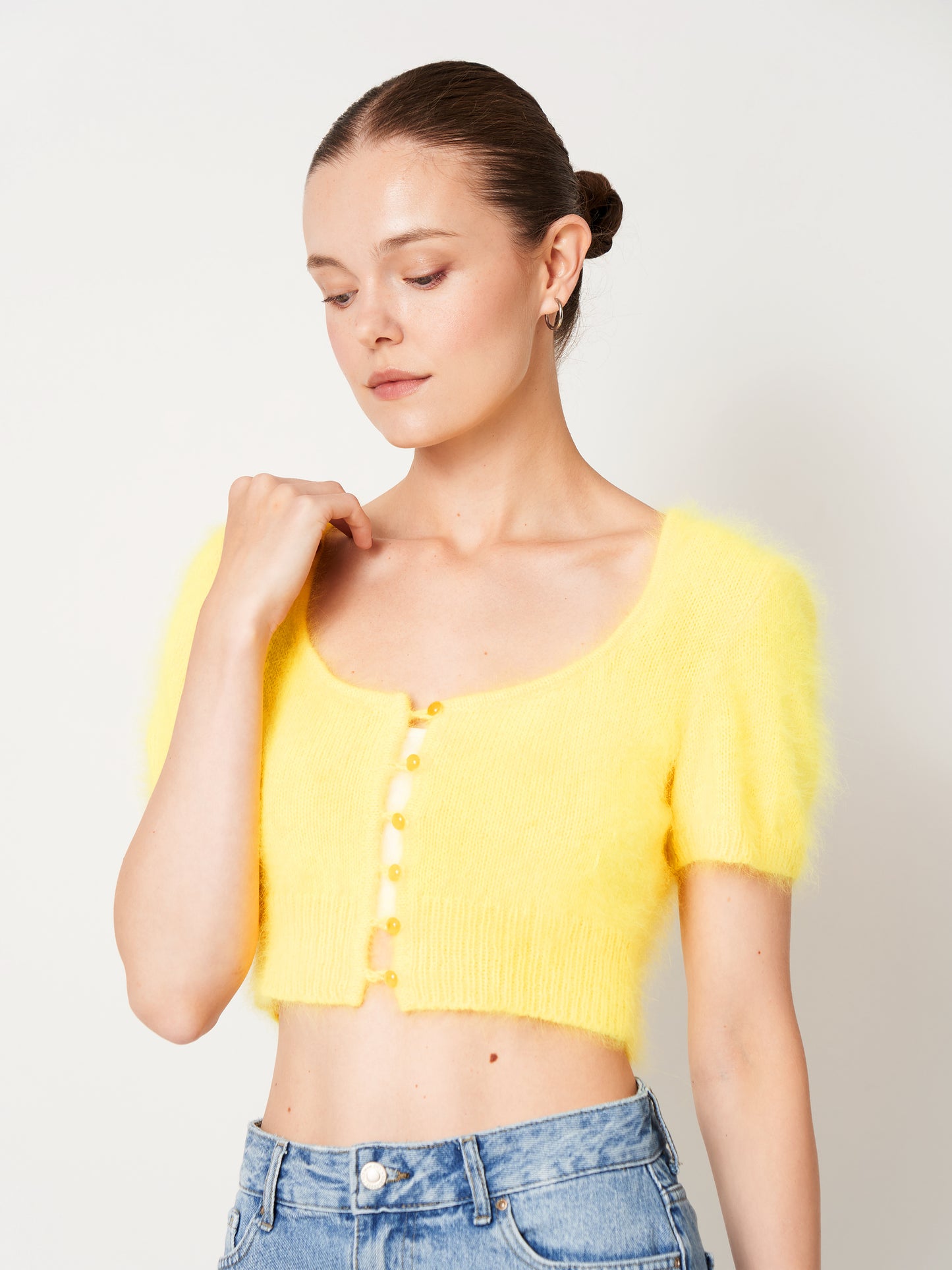 Bright Yellow Fluffy Cropped Cardigan