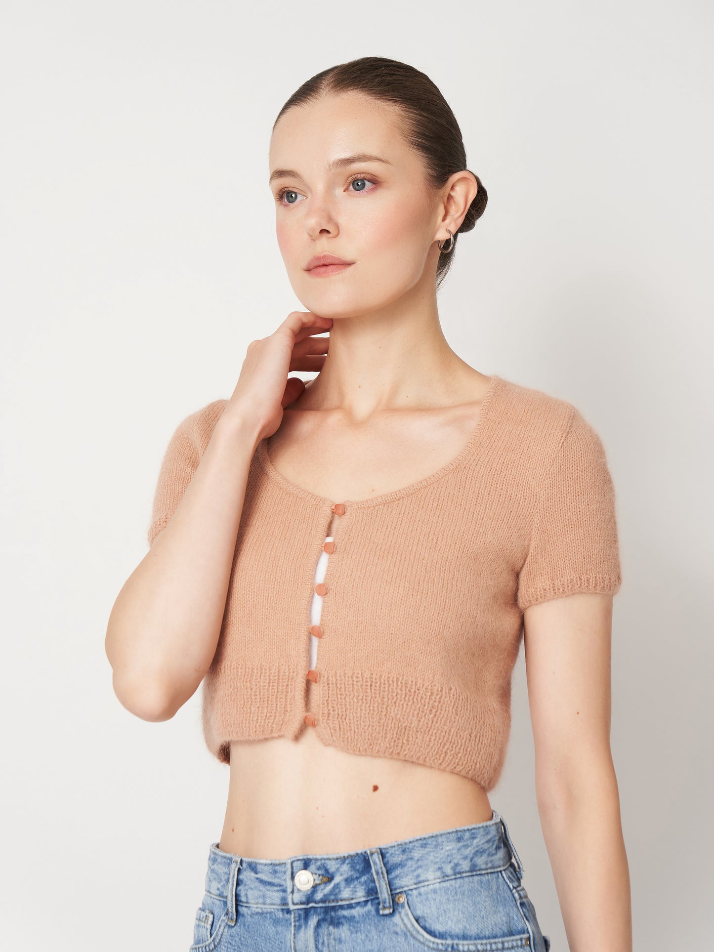 Beige Pink Fluffy Cropped Cardigan