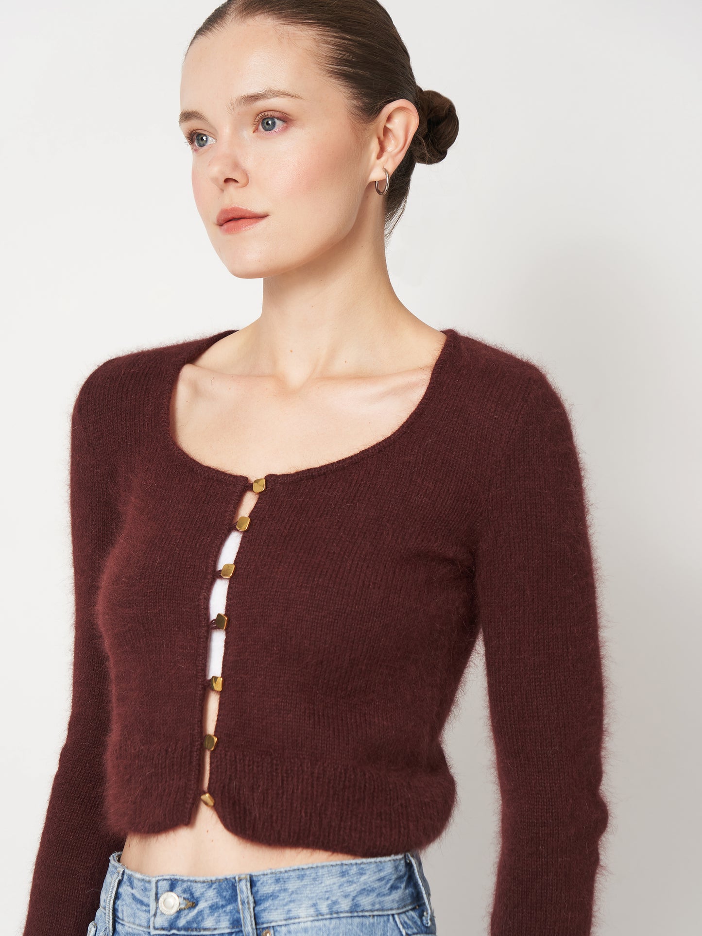 Brown Fluffy Cropped Cardigan With Long Sleeves