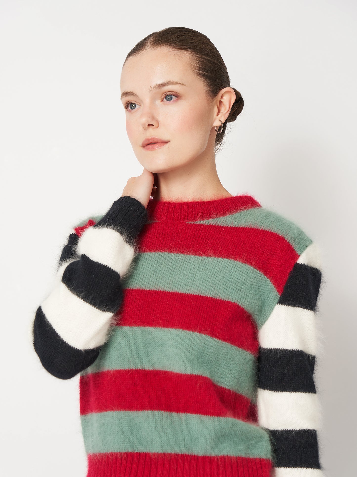 Turquoise Red Fluffy Sweater With Black&White Sleeves