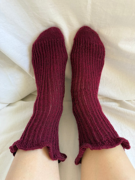 Wine Red Wool Socks with Ruffle