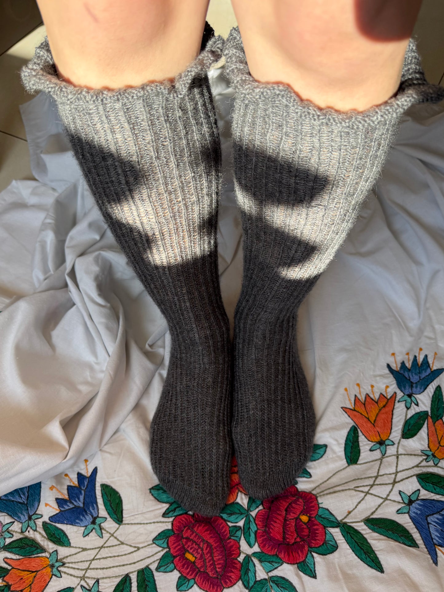 Long Graphite Gray Wool Socks with Ruffle