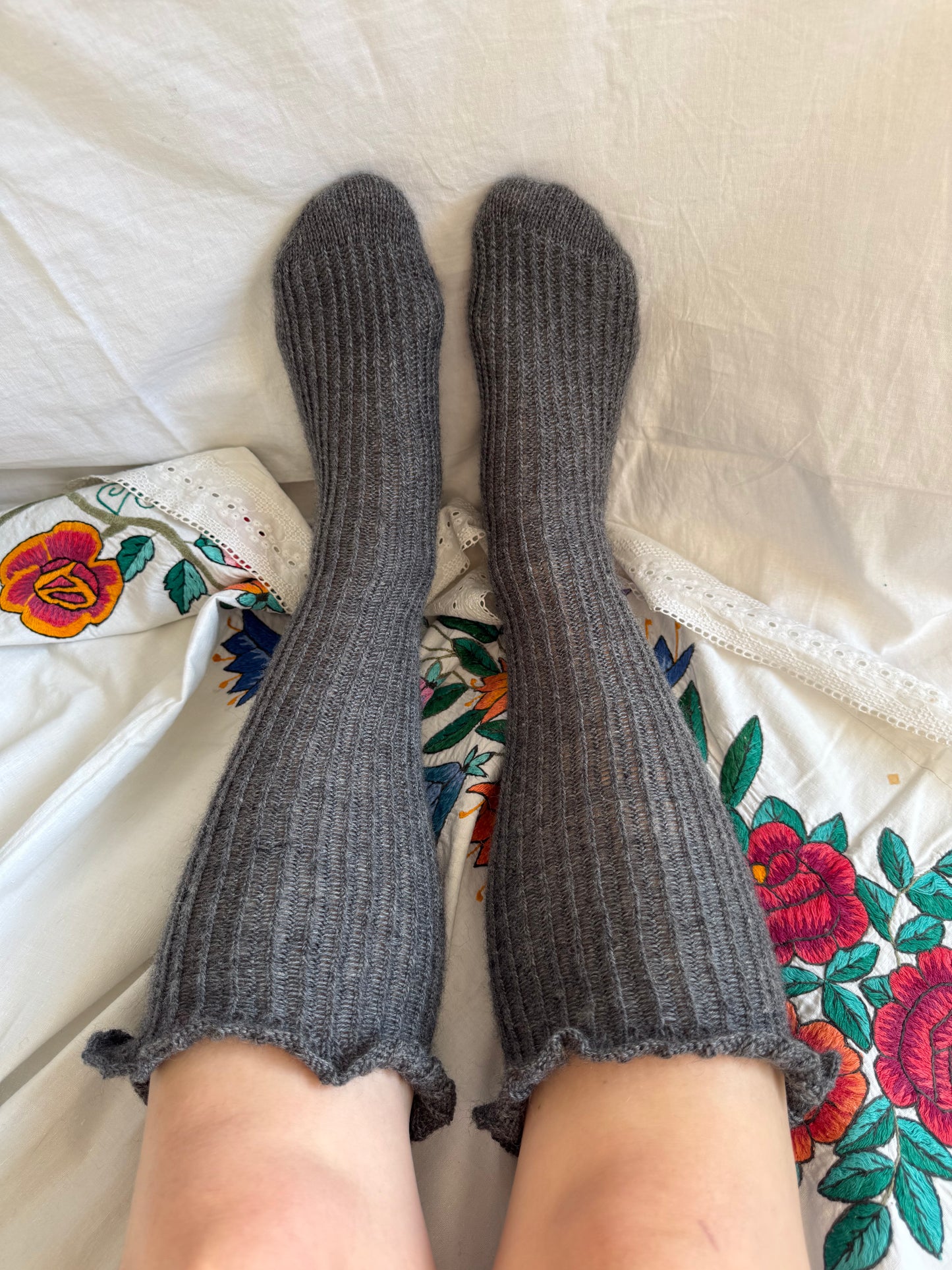 Long Graphite Gray Wool Socks with Ruffle