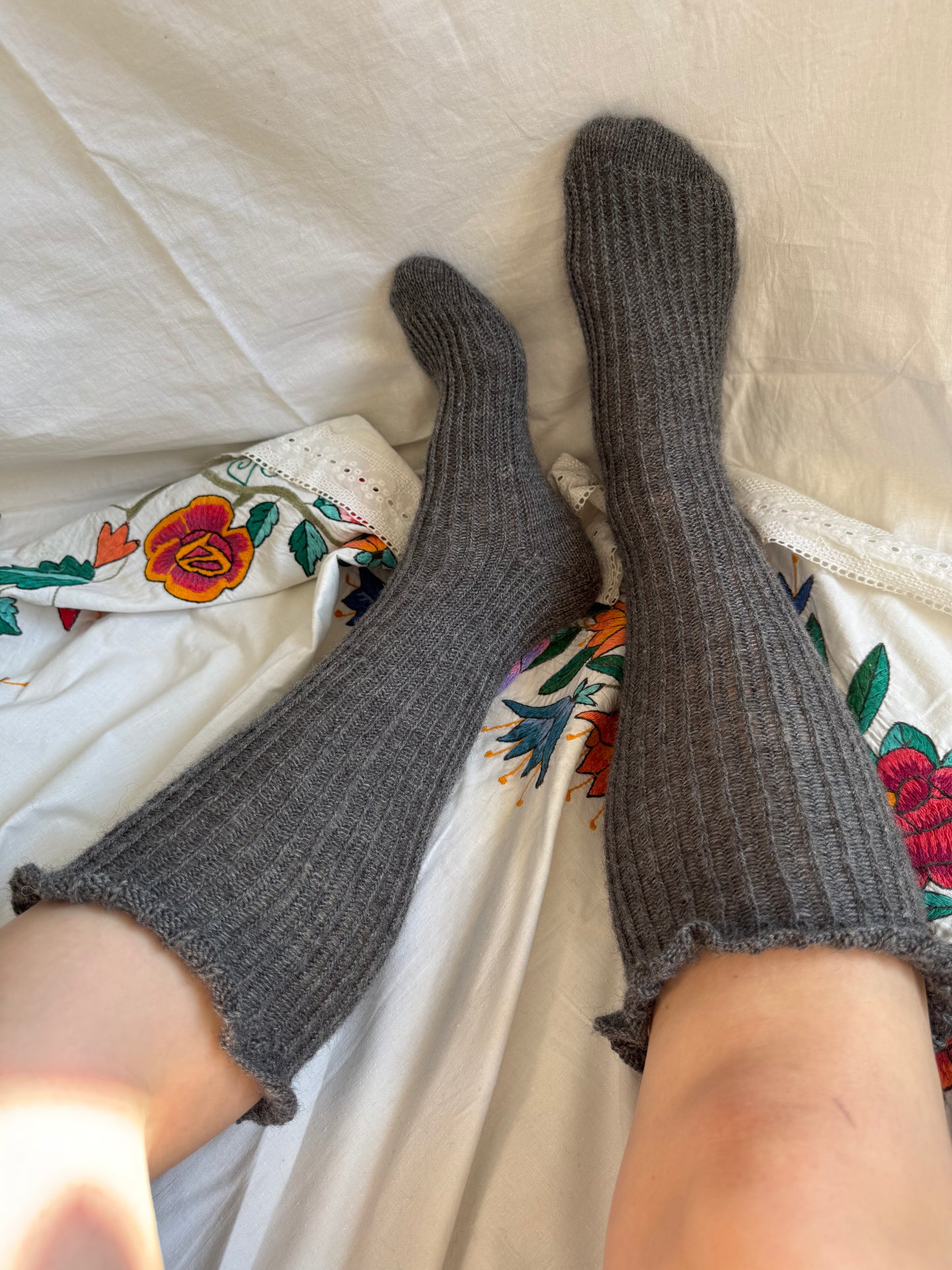 Long Graphite Gray Wool Socks with Ruffle