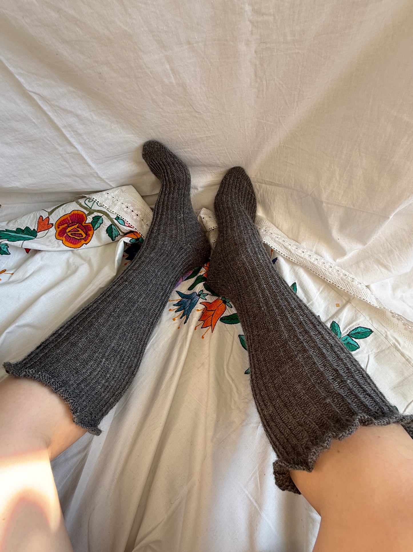 Long Graphite Gray Wool Socks with Ruffle