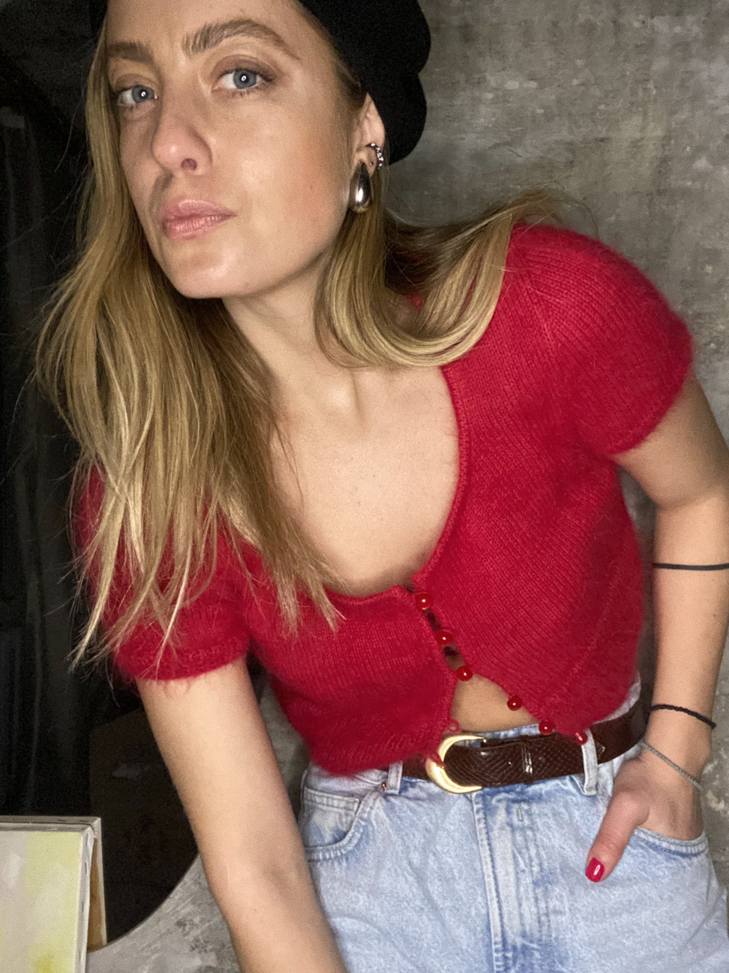 Red Fluffy Cropped Cardigan