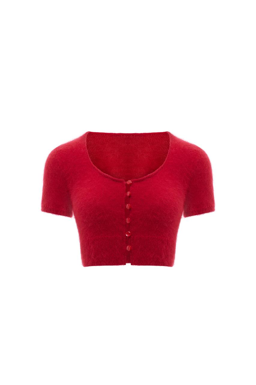Red Fluffy Cropped Cardigan