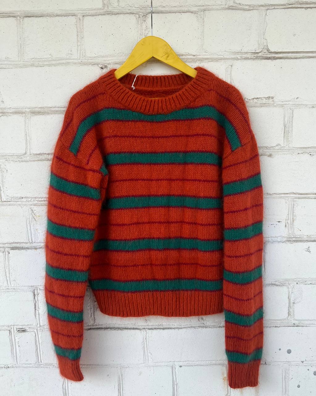 Orange Green Round Neck Fluffy Sweater