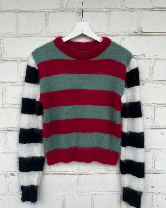 Turquoise Red Fluffy Sweater With Black&White Sleeves