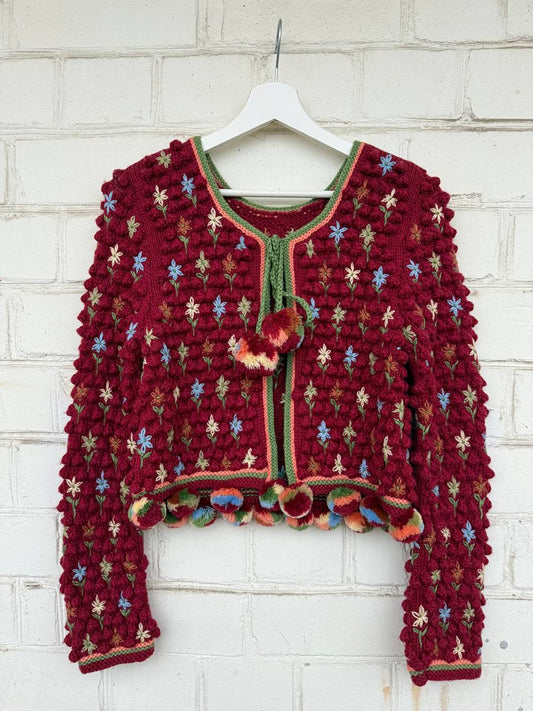 Червоний Етнічний Жакет з Вишивкою та Помпонами