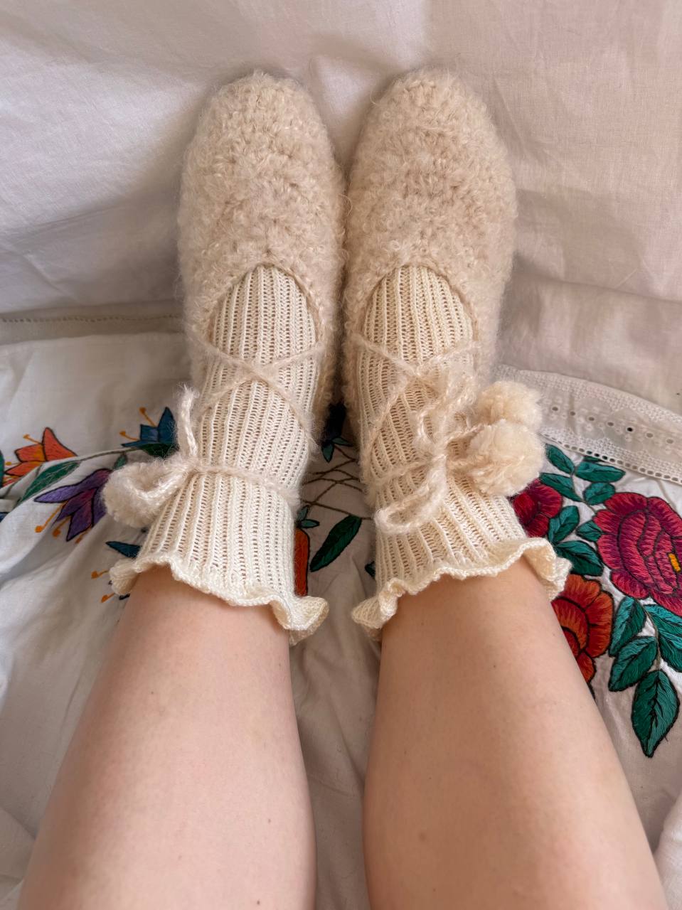 Milk White Wool Tie Slippers with Pom-Poms