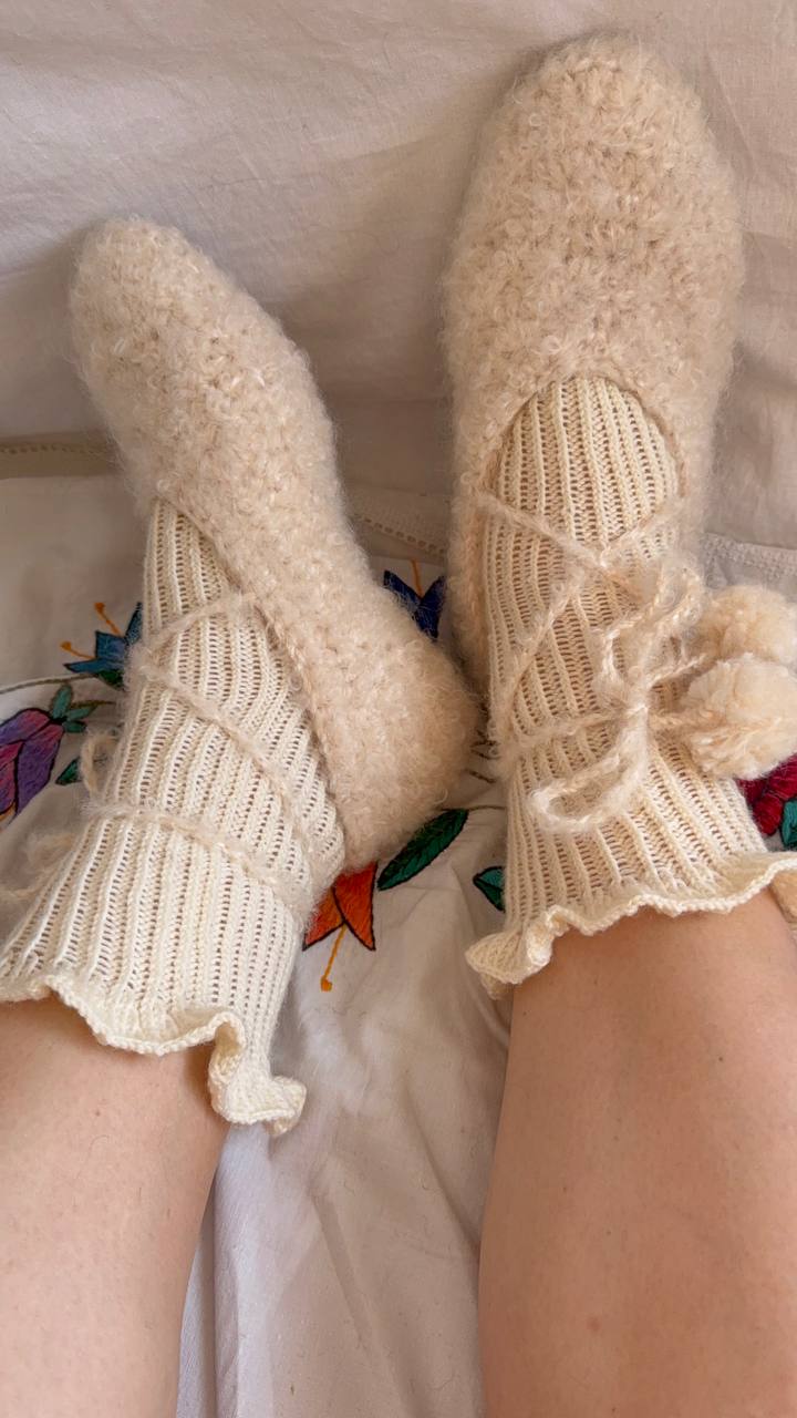 Milk White Wool Tie Slippers with Pom-Poms