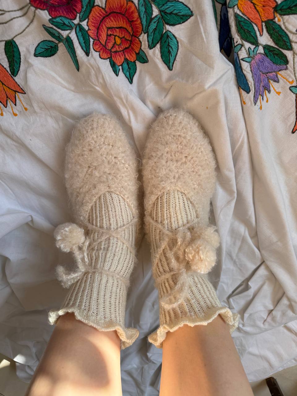 Milk White Wool Tie Slippers with Pom-Poms