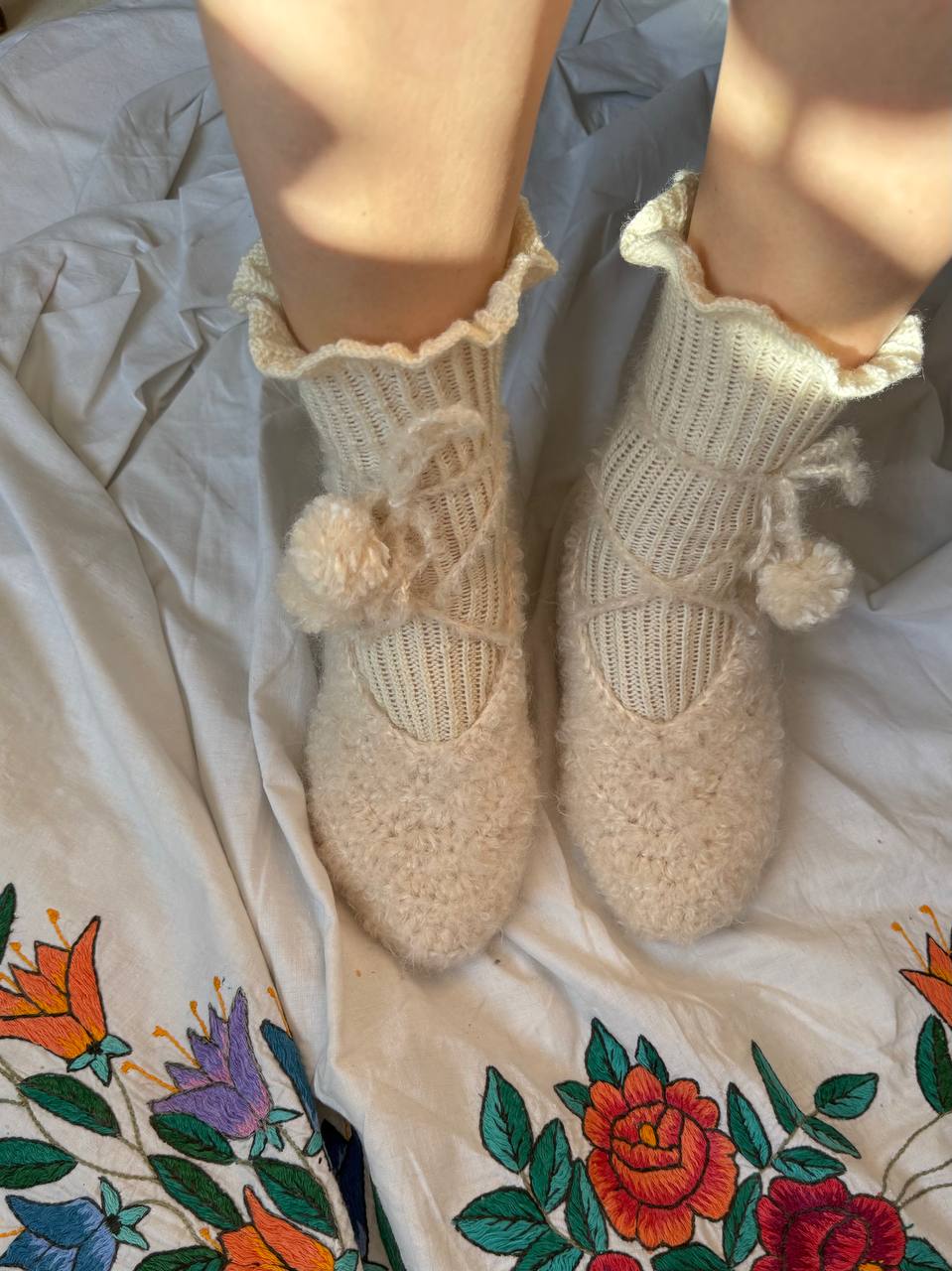 Milk White Wool Tie Slippers with Pom-Poms