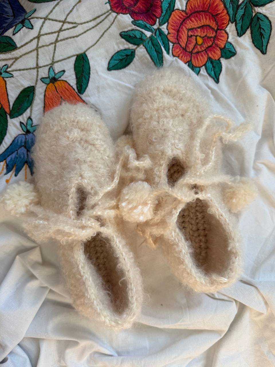 Milk White Wool Tie Slippers with Pom-Poms