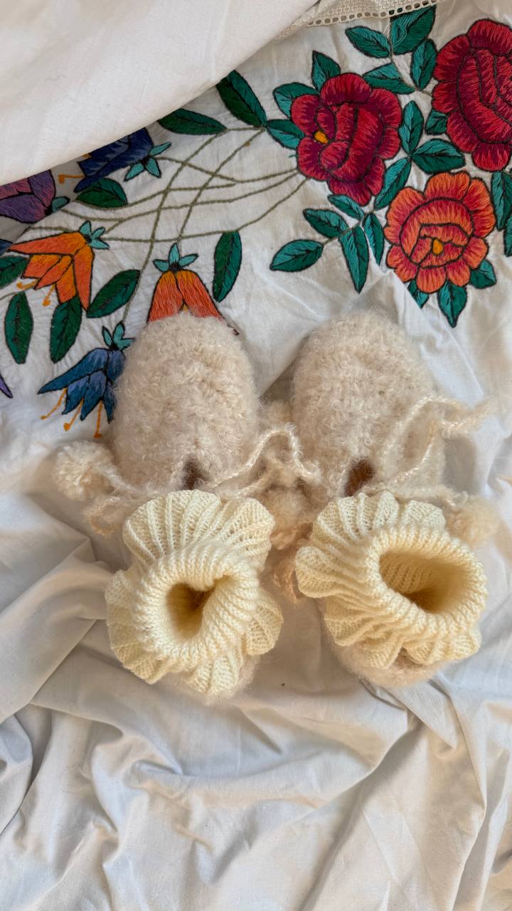 Milk White Wool Tie Slippers with Pom-Poms